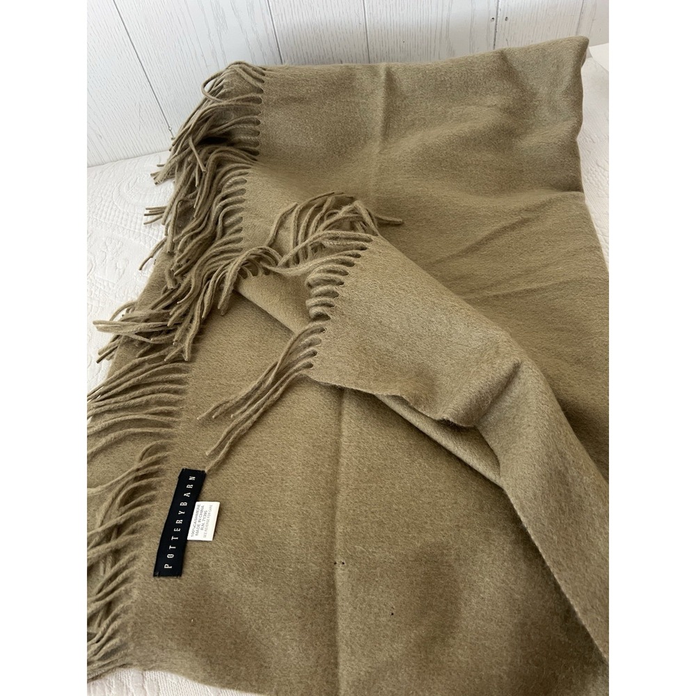 Pure Cashmere Pottery Barn Throw Blanket Tassels Olive 62"x52" Shawl Brown Read